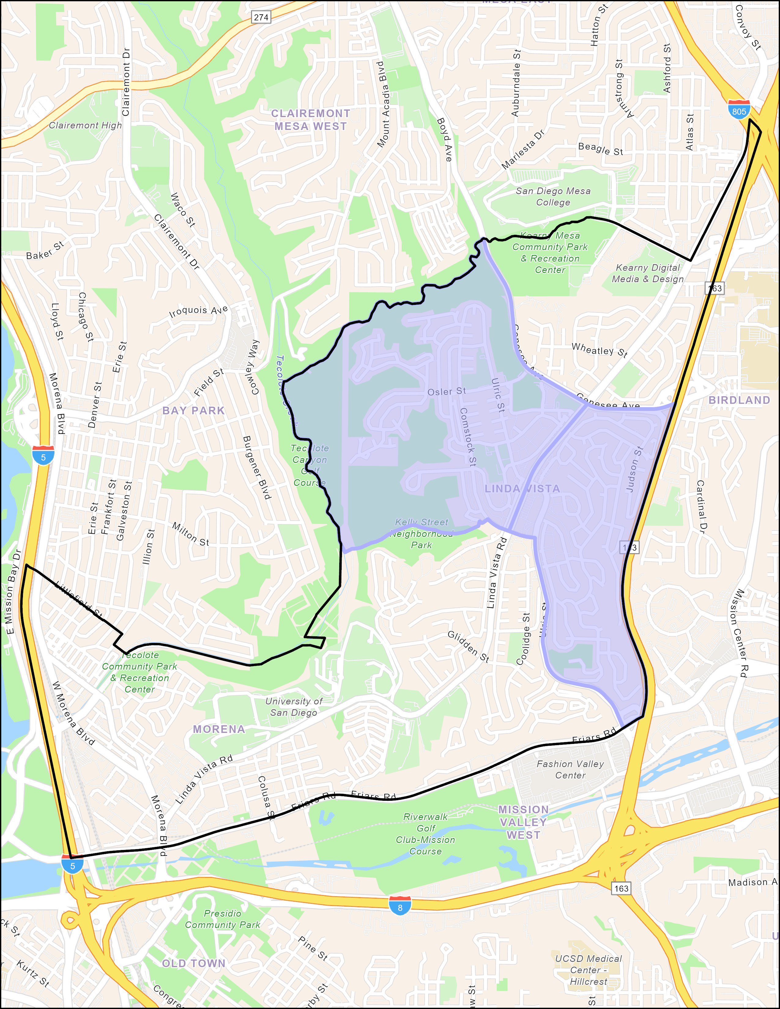 Map highlighting the Linda Vista community and surrounding areas in San Diego, marking boundaries for tree planting.